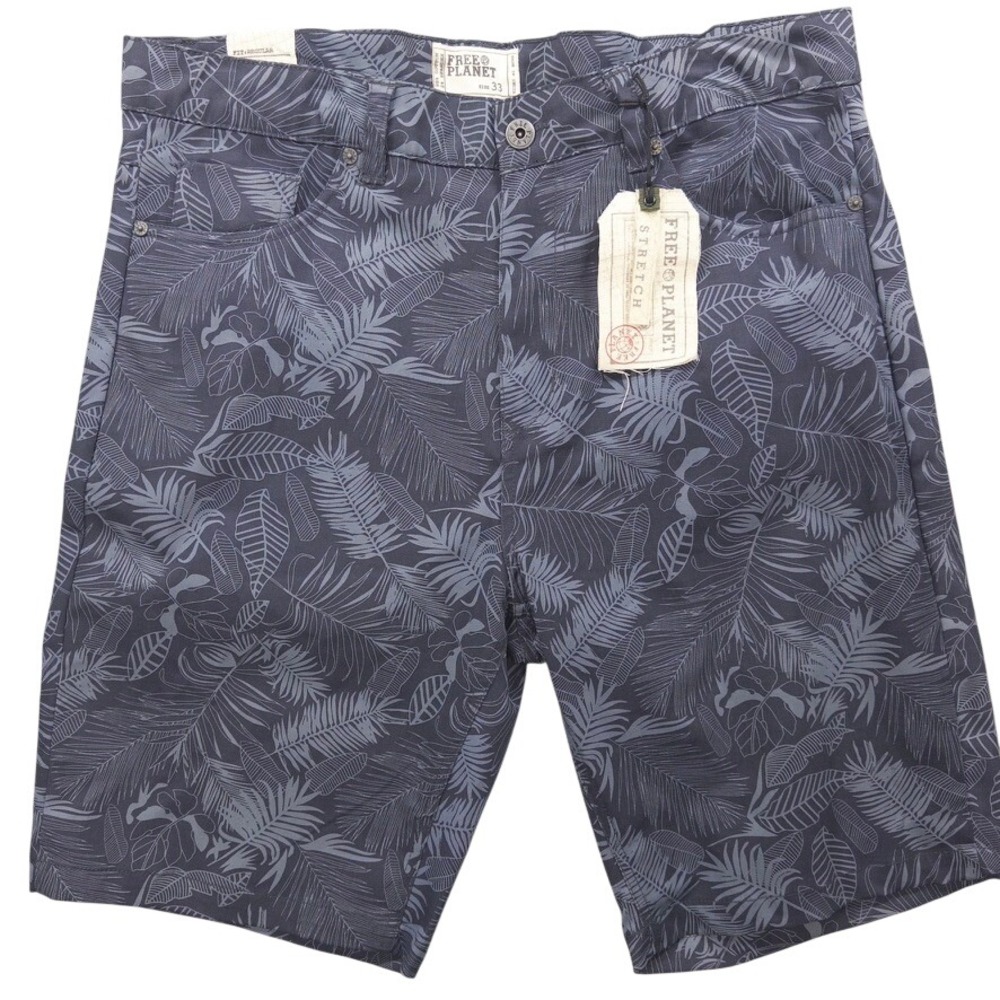 NWT Free Planet Shorts Mens 33 Navy Palm‎ Tropical Print Stretch Twill Nautical